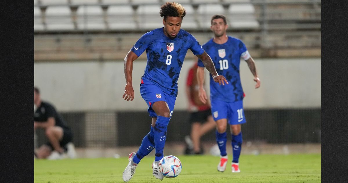 Weston McKennie #8 of the United States moves with the ball during a game between Saudi Arabia and USMNT at Estadio Nueva Condomina on Sept. 27 in Murcia, Spain.