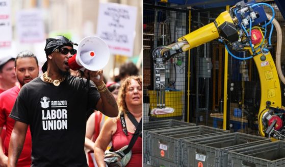 At left, Christian Smalls, president of the Amazon Labor Union, leads protesters on a march on 11th Street in New York City on Sept. 5. The costlier its human workforce becomes, the more likely Amazon is to employ robots like its new Sparrow, right.