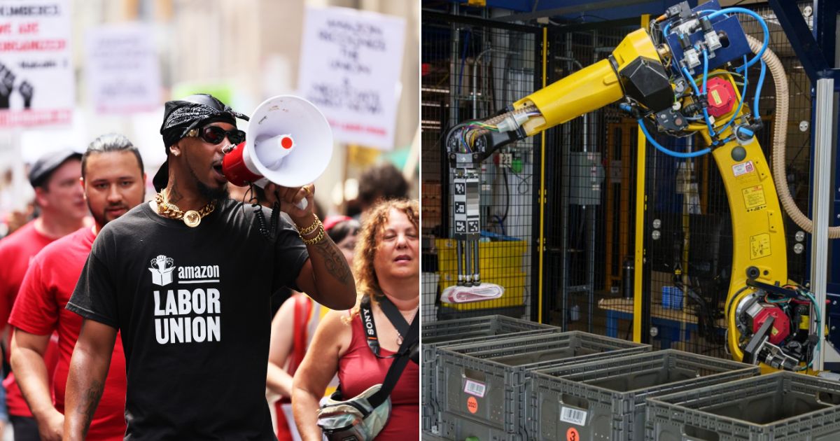 At left, Christian Smalls, president of the Amazon Labor Union, leads protesters on a march on 11th Street in New York City on Sept. 5. The costlier its human workforce becomes, the more likely Amazon is to employ robots like its new Sparrow, right.