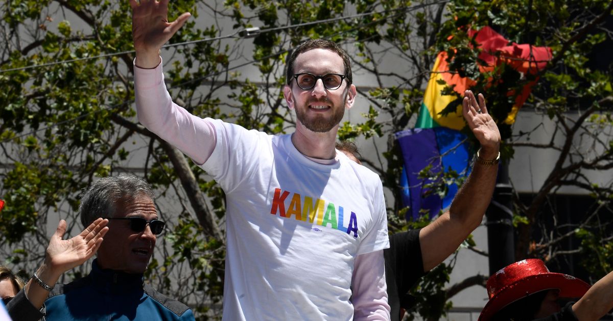 California state Sen. Scott Weiner, sporting a shirt supporting then-Sen. Kamala Harris' bid for the Democratic presidential nomination, rides in the San Francisco Pride Parade and Celebration in June 2019.