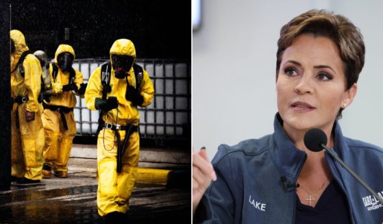 A stock photo of a hazardous material squad, left; Arizona Republican candidate for governor Kari Lake, right.