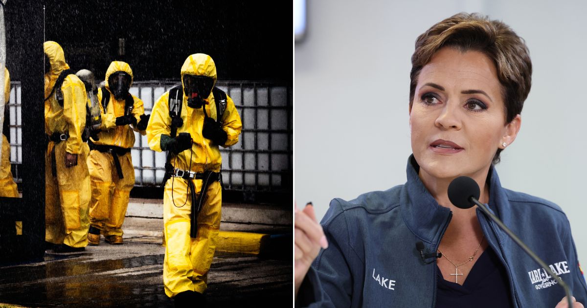 A stock photo of a hazardous material squad, left; Arizona Republican candidate for governor Kari Lake, right.