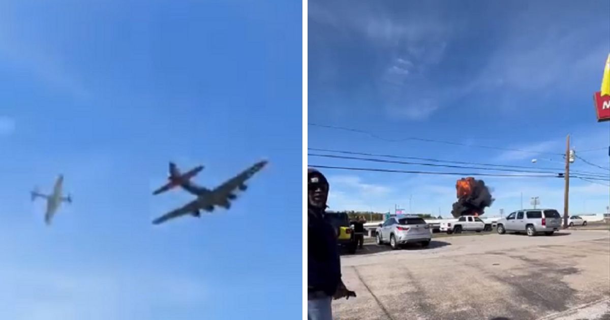 Left, the moment before a collision involving two World War II-era planes at an air show in Dallas on Saturday. Right, a ball of fire is seen from the ground afterward.