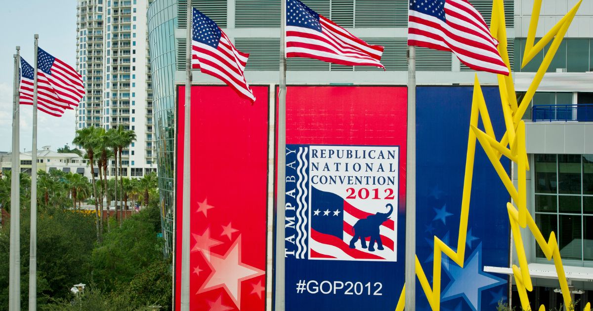 Signs and logos are on display at the Tampa Bay Times Forum ahead of the Republican National Convention in Tampa, Florida, on Aug. 23, 2012.