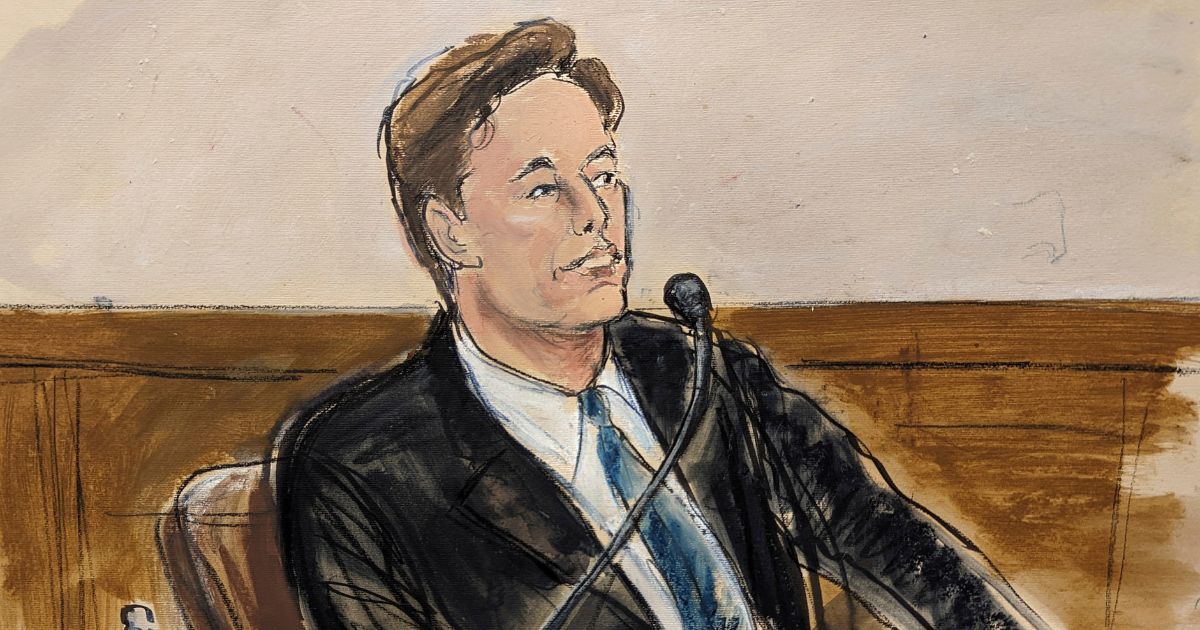In this courtroom sketch, Twitter owner Elon Musk testifies in Wilmington, Delaware, on Wednesday.