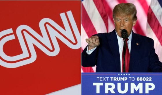CNN logo, left; former President Donald Trump speaking Tuesday, right.