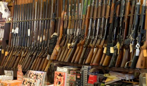 Guns are displayed on racks in a store.