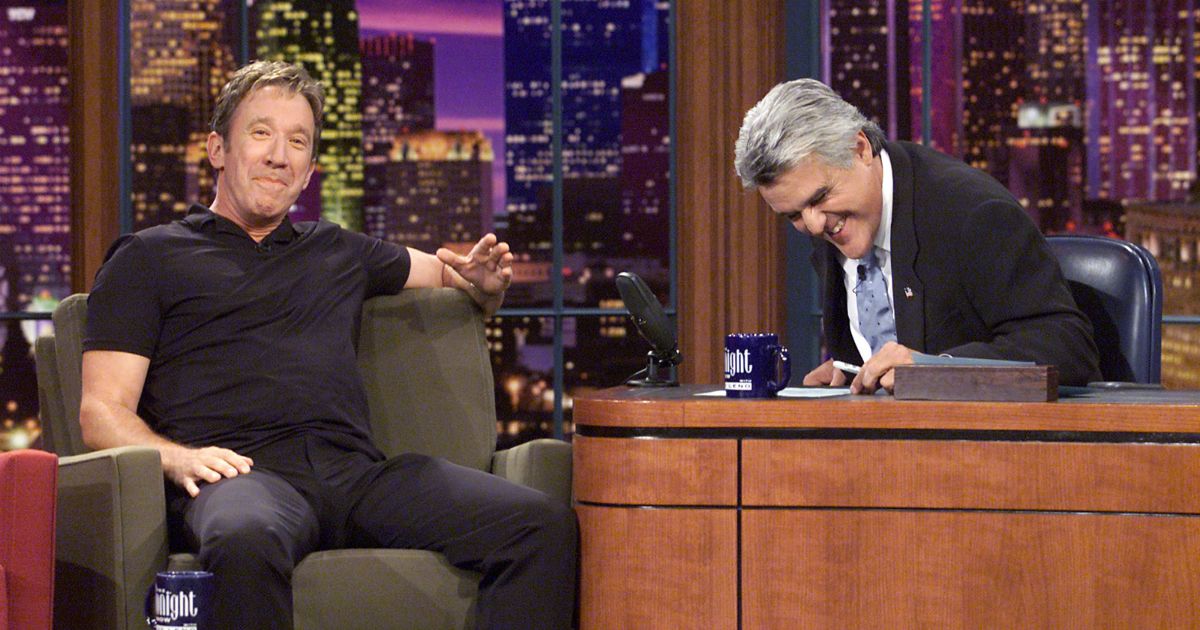 Tim Allen and his friend Jay Leno share a laugh on "The Tonight Show" at NBC Studios in Burbank, California, on Oct. 4, 2001.