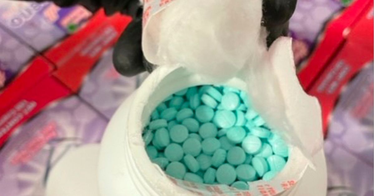 A bottle of fentanyl pills concealed in a collagen supplement bottle is shown after a drug bust on Interstate 10 in Pinal County, Arizona, in this photo released by the Casa Grande Police Department on May 23.