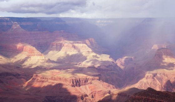 Rain and sun grace the Grand Canyon in this overview from the South Rim.