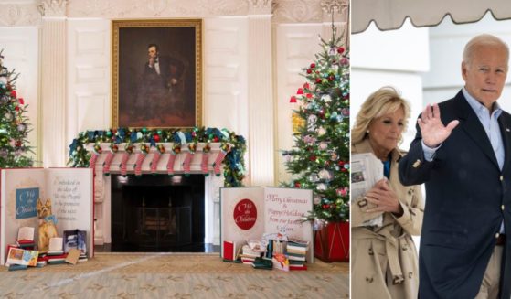 Christmas stockings hanging on a fireplace at the White House, right; President Joe Biden and first lady Jill Biden, right.