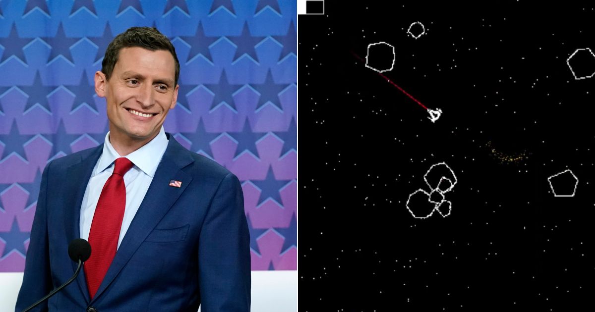 Arizona Republican candidate for Senate Blake Masters, left, just released an online game similar to Asteroids, right, where his Democratic, Mark Kelly, destroys things important to the conservative base.