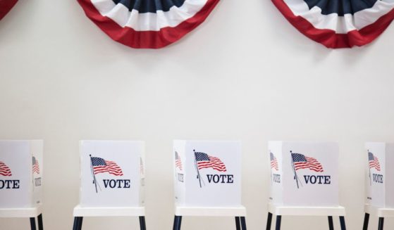 This stock photo pictures voting booths in a polling location.