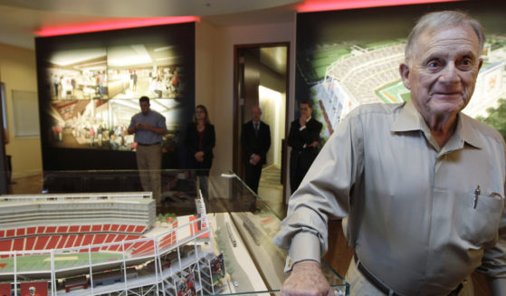 Retired San Francisco 49ers general manager John McVay stands next to a model of the planned 49ers football stadium at the Preview Center in Santa Clara, California, on September 27, 2011.
