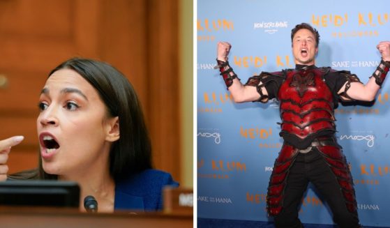 Rep. Alexandria Ocasio-Cortez (L) speaks during on Capitol Hill. Elon Musk (R) attends a Halloween party.