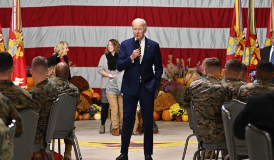 President Joe Biden speaks to members of the military and their families during a "Friendsgiving" celebration in honor of the upcoming Thanksgiving holiday, at the Marine Corps Air Station in Cherry Point, North Carolina, on Monday.