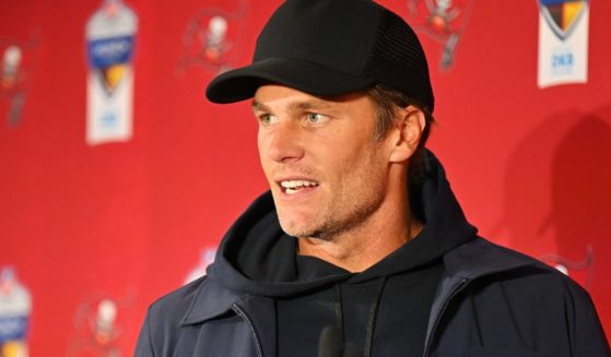 Tom Brady of the Tampa Bay Buccaneers speaks to the media after their side's victory in the NFL match between Seattle Seahawks and Tampa Bay Buccaneers at Allianz Arena on Sunday in Munich, Germany.