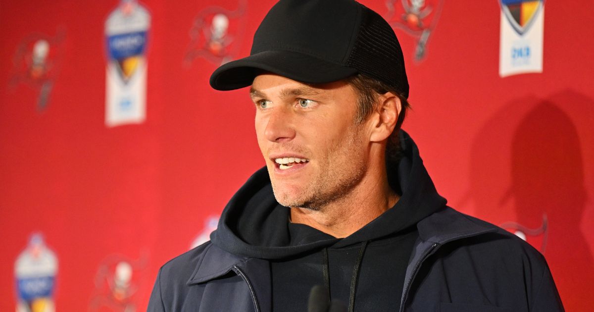 Tom Brady of the Tampa Bay Buccaneers speaks to the media after their side's victory in the NFL match between Seattle Seahawks and Tampa Bay Buccaneers at Allianz Arena on Sunday in Munich, Germany.