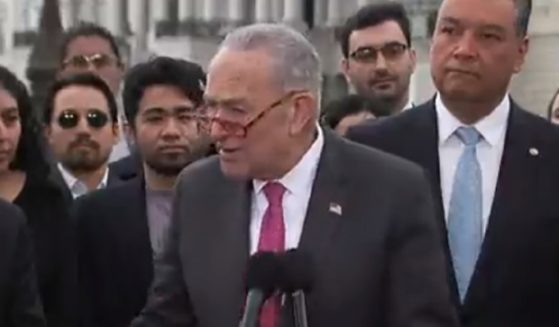 Senate Majority Leader Chuck Schumer addresses reporters outside the Capitol on Wednesday.