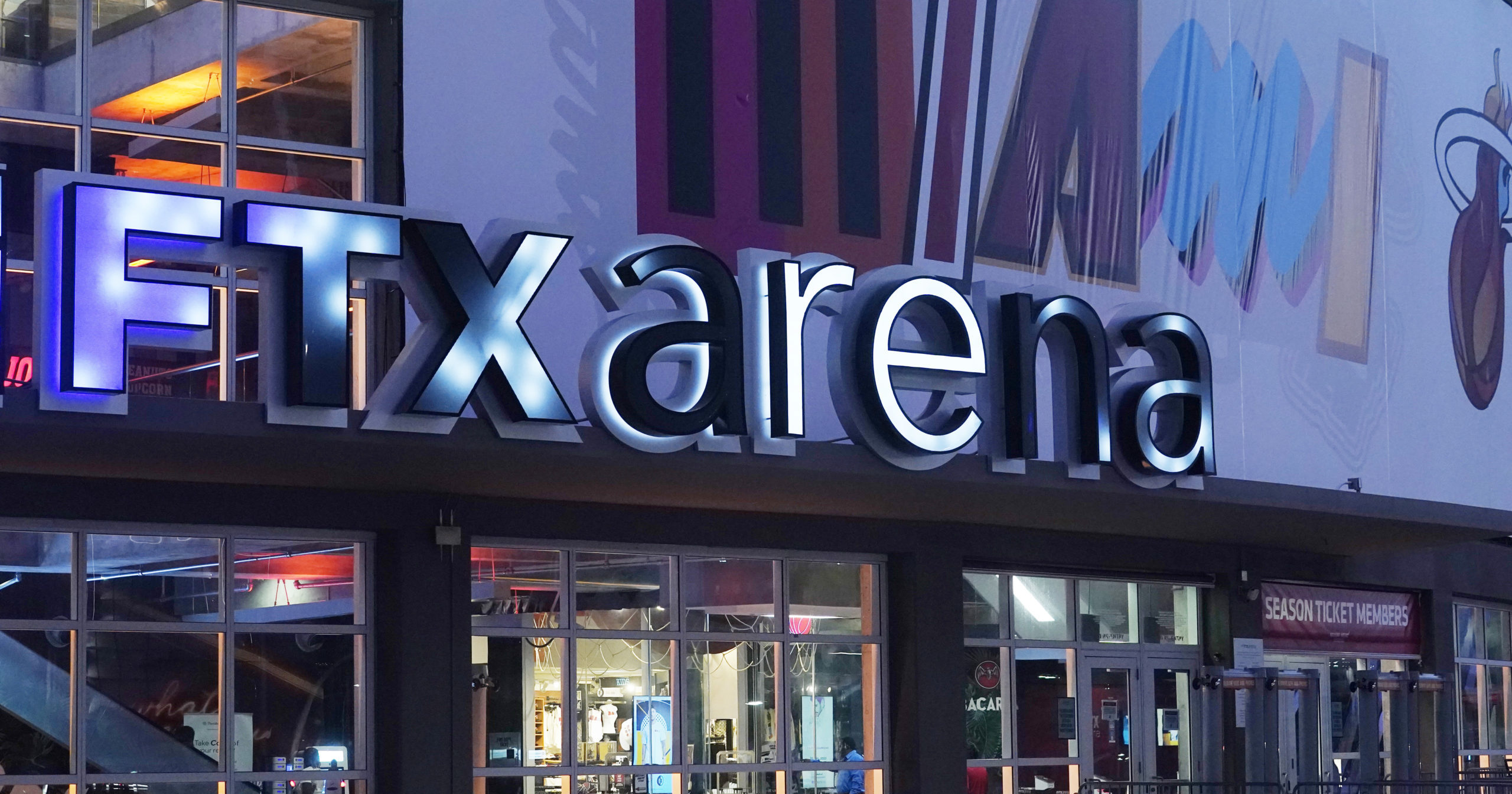 Signage for the FTX Arena, where the Miami Heat basketball team plays, is illuminated in Miami, Florida, on Saturday.