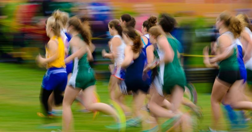 Female cross country runners race in this stock image.
