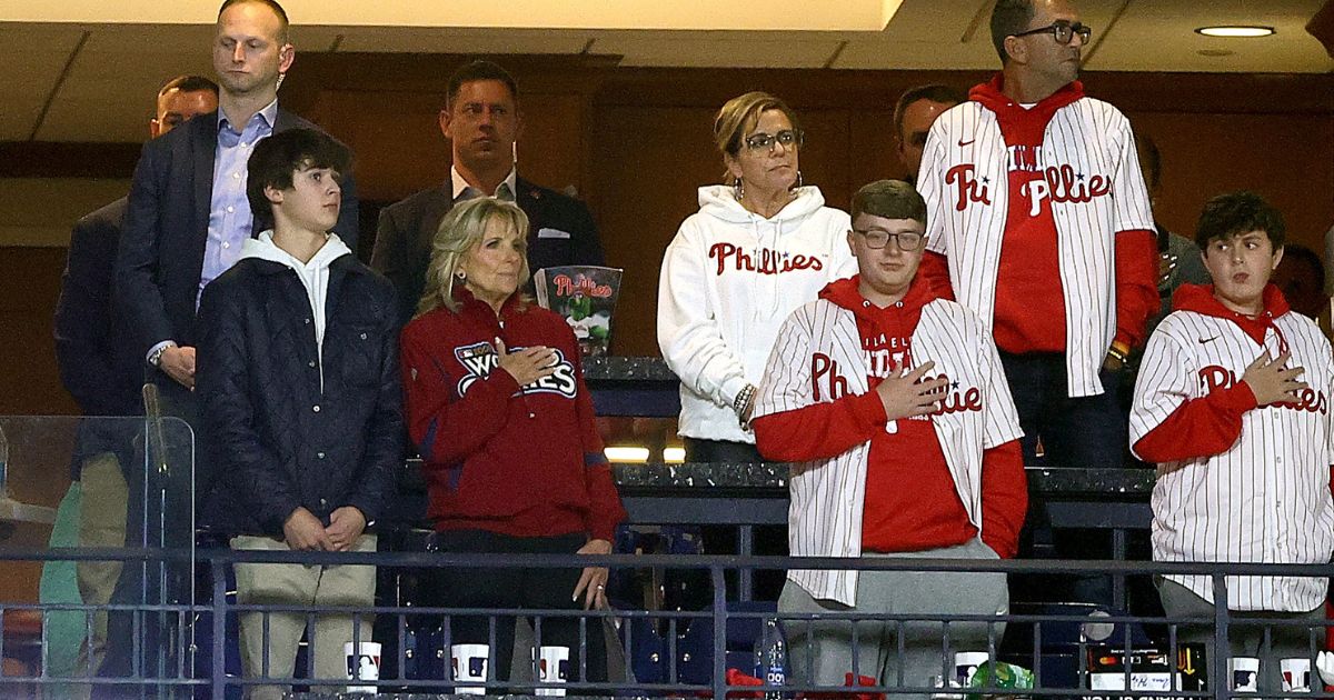 First Lady of the United States Jill Biden is seen during the singing of "God Bless America" in Game Four of the 2022 World Series at Citizens Bank Park on Wednesday in Philadelphia.
