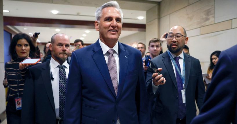 House Minority Leader Kevin McCarthy is followed by reporters as he arrives to a House Republican Caucus meeting at the U.S. Capitol Building on Monday in Washington, D.C.