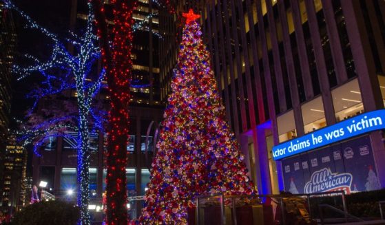 The new All-American Christmas Tree is lit outside News Corporation at Fox Square on Dec. 9, 2021, in New York City.