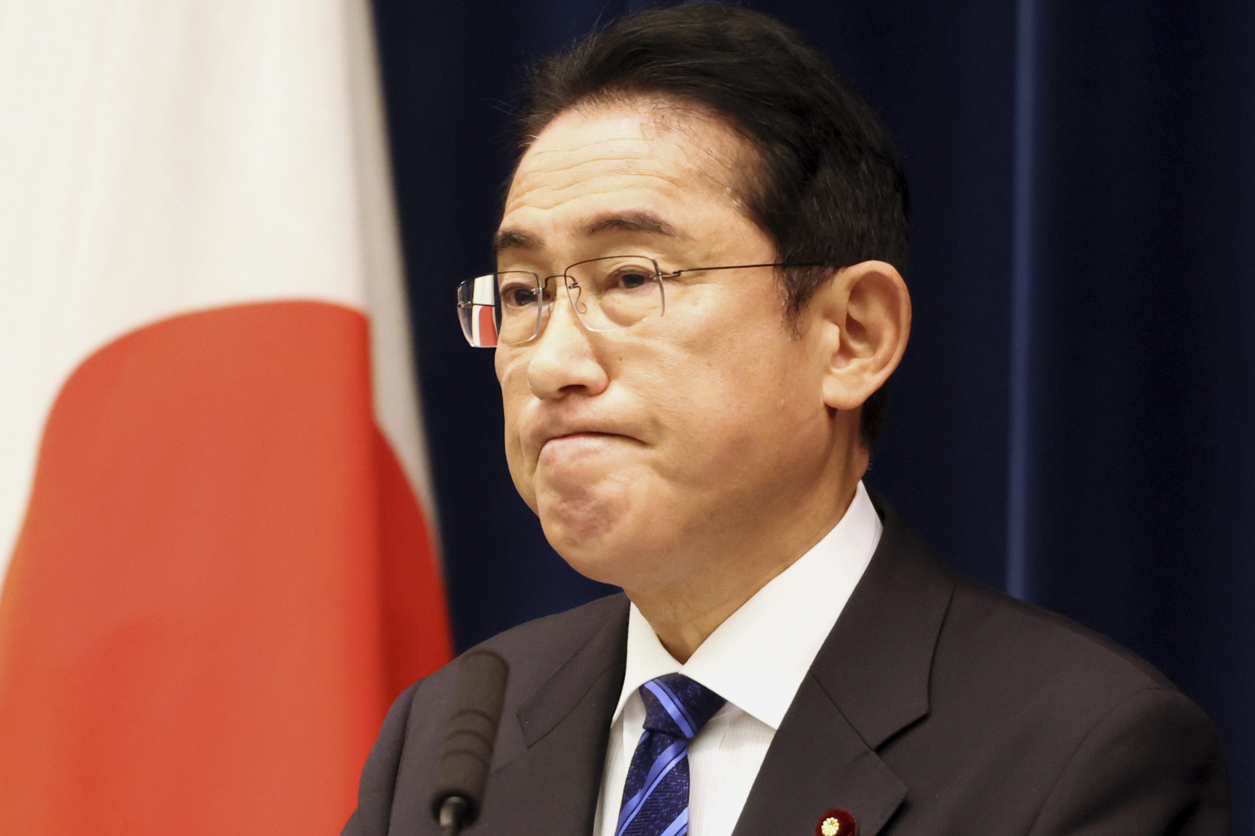 Japanese Prime Minister Fumio Kishida pauses as he speaks to media members at his official residence in Tokyo on Saturday.