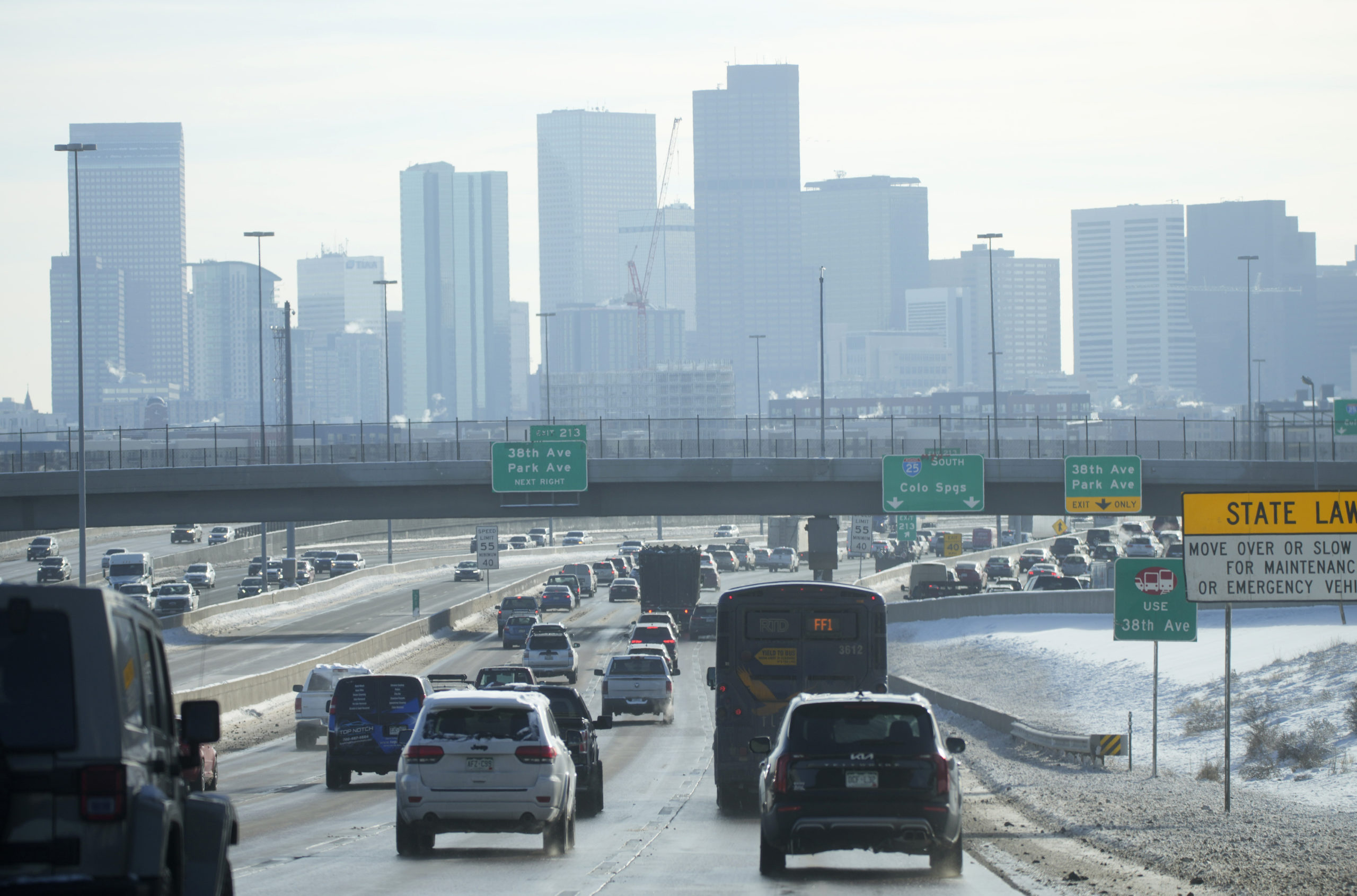 The downtown Denver, Colorado, skyline is pictured after a winter storm on Friday.