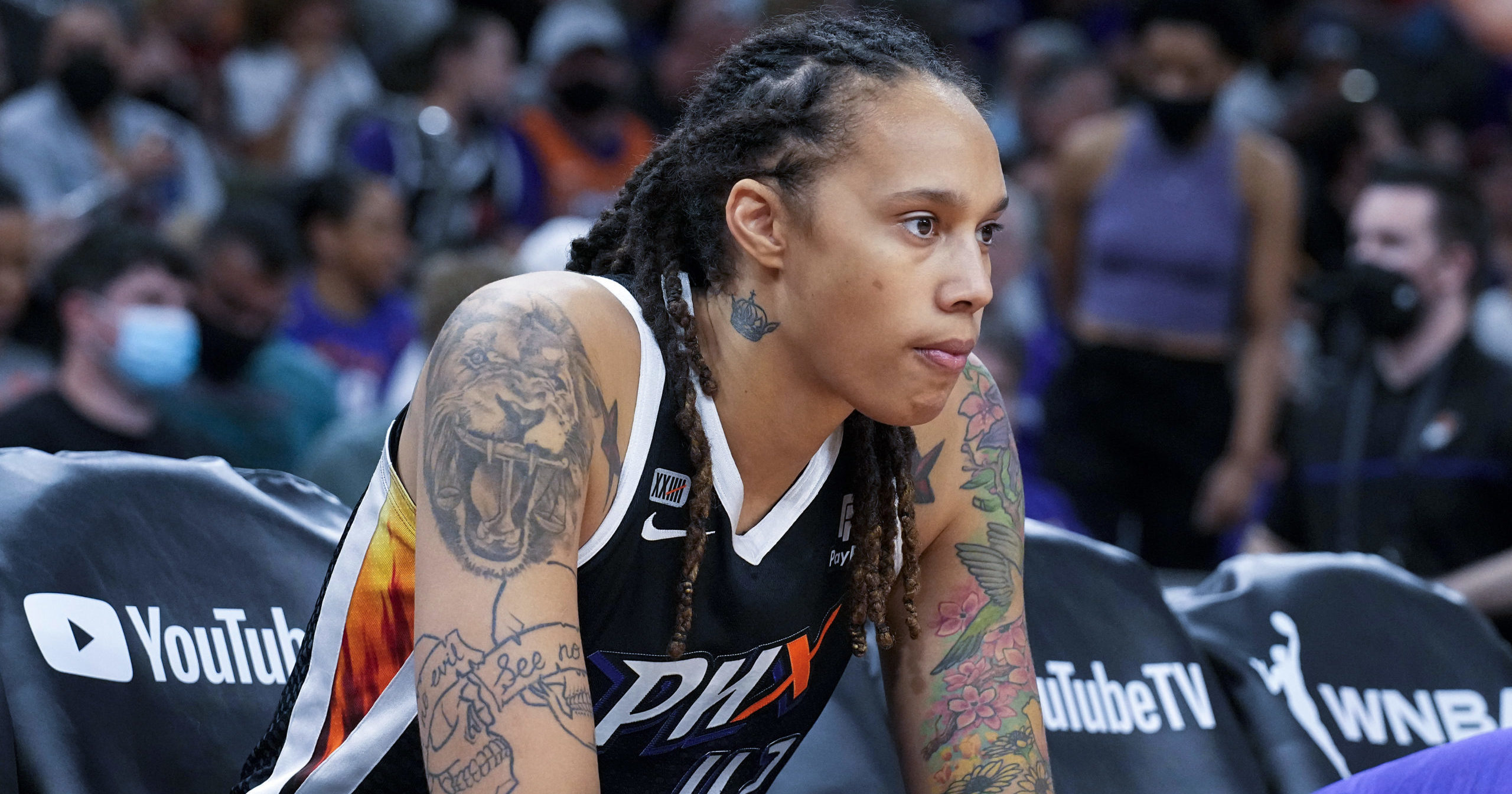 Phoenix Mercury center Brittney Griner sits during the first half of Game 2 of the WNBA Finals against the Chicago Sky on Oct. 13, 2021, in Phoenix.