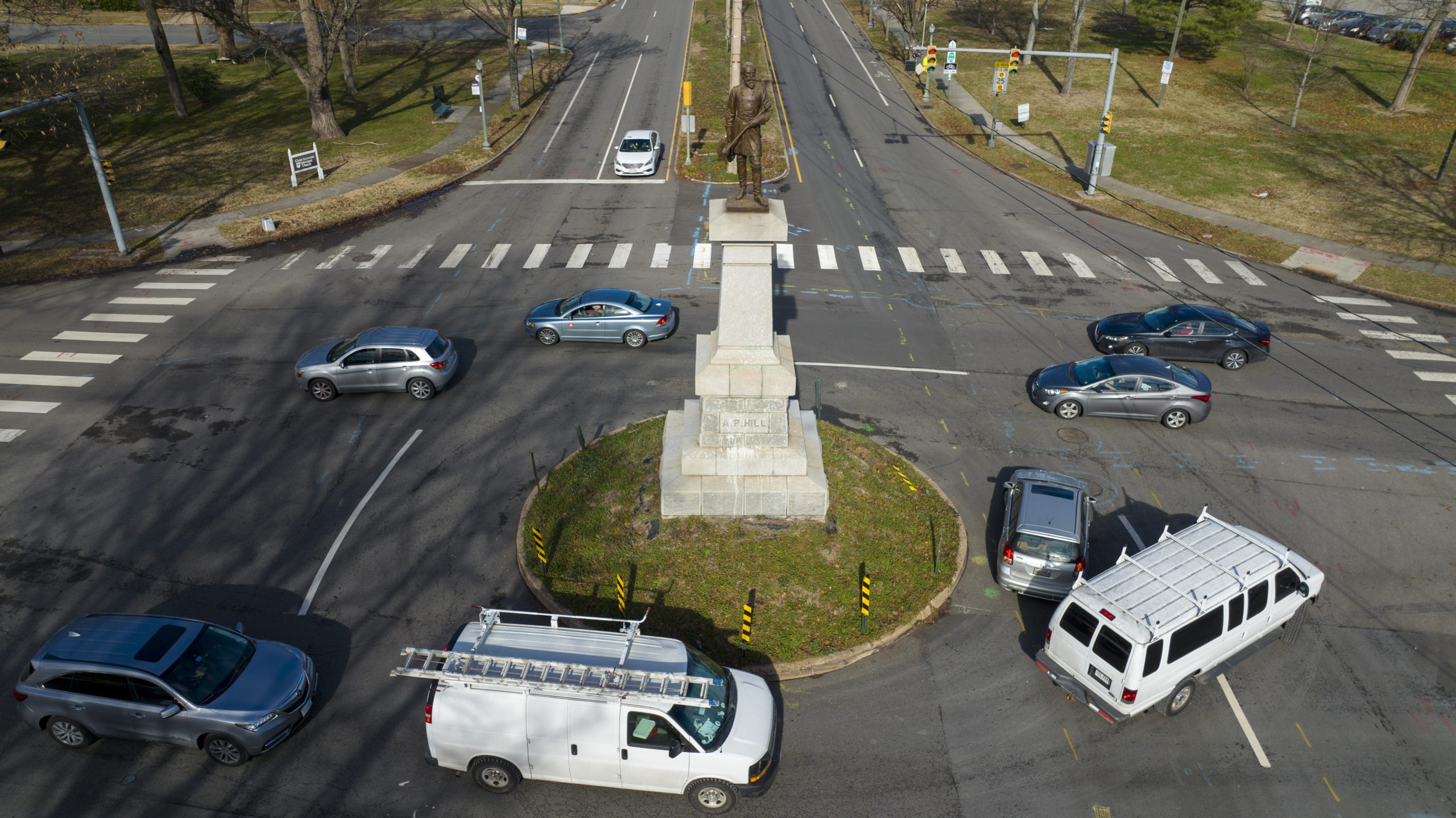 Traffic drives in the circle at the monument of confederate General A.P. Hill, which contains his remains, is in the middle of a traffic circle on Arthur Ashe Blvd. on Jan. 6 in Richmond, Virginia.