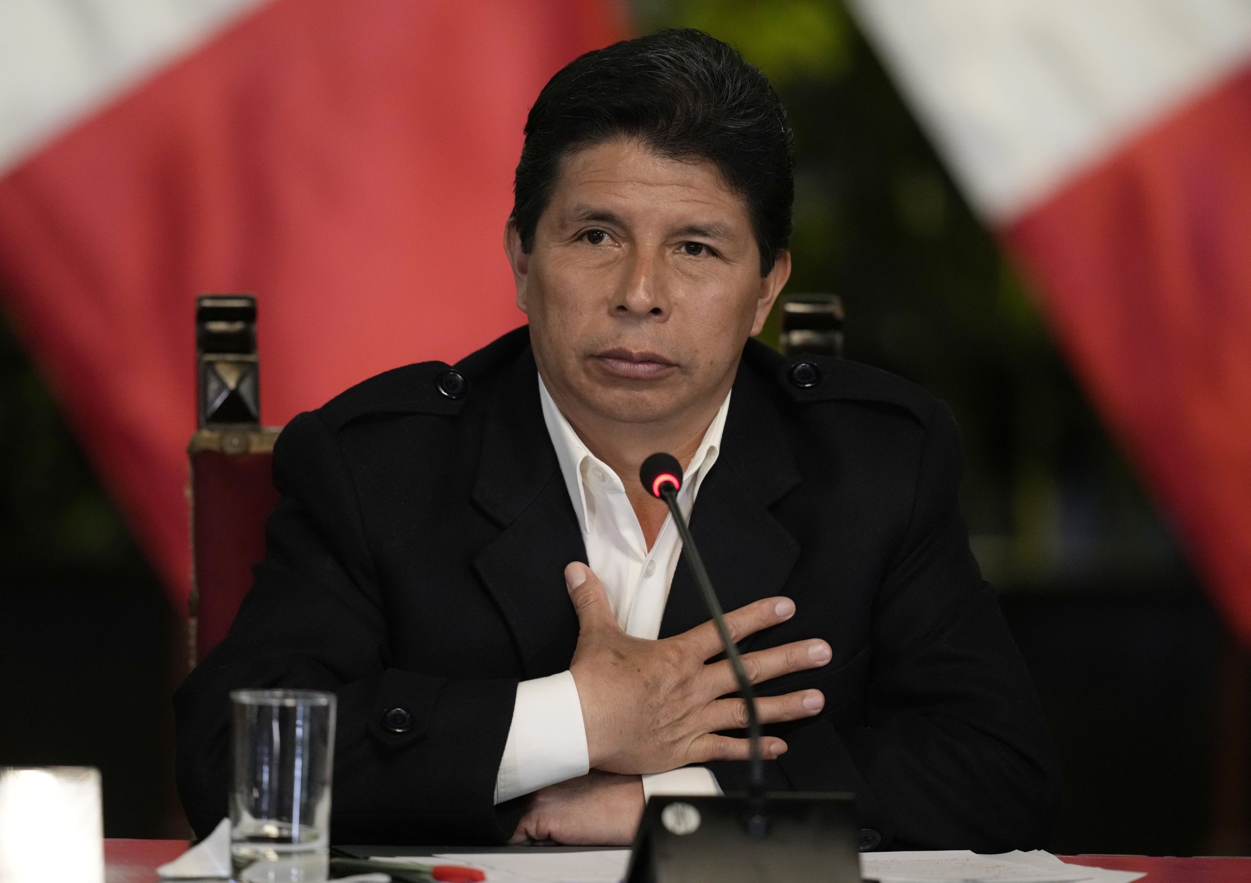 Peruvian President Pedro Castillo gives a news conference at the presidential palace in Lima on Oct. 11.