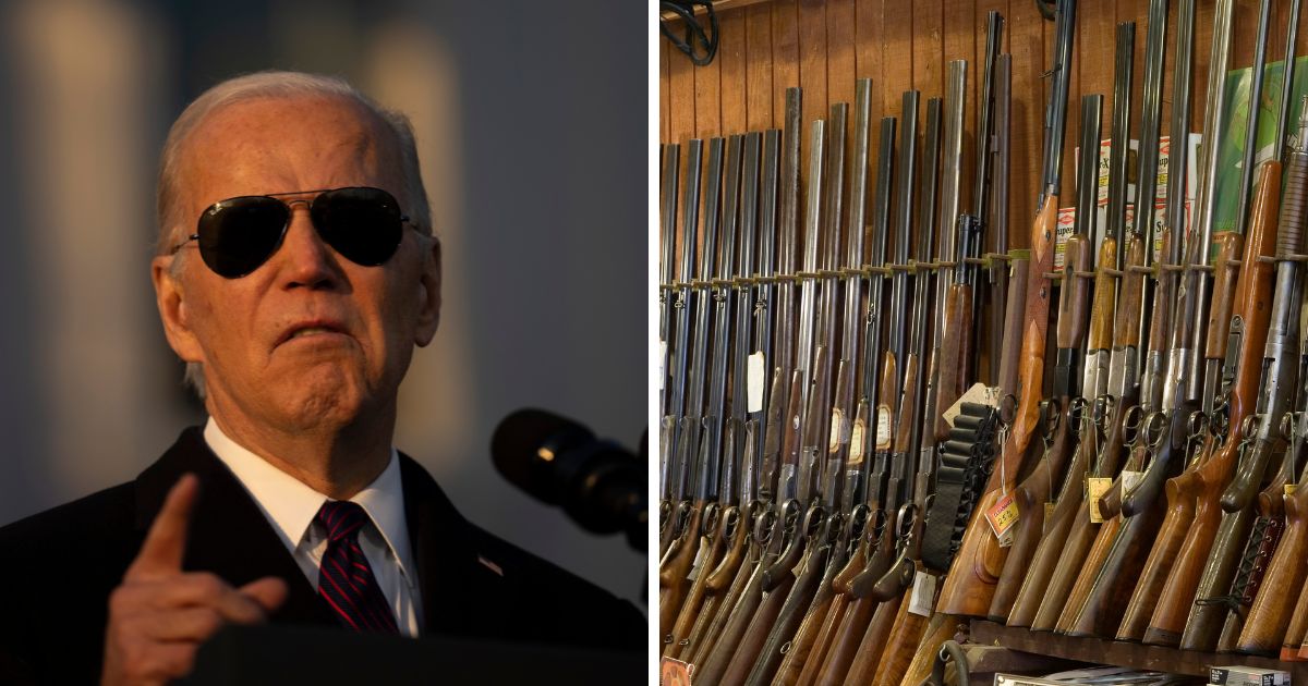 Joe Biden (L) speaks before signing the Respect for Marriage Act on the South Lawn of the White House December 13, 2022 in Washington, DC. A close-up of a gun rack is seen on the right.