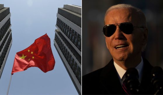 At left, a Chinese flag flies outside a residential compound in Beijing on April 30, 2017. At right, President Joe Biden speaks on the South Lawn of the White House in Washington on Tuesday.