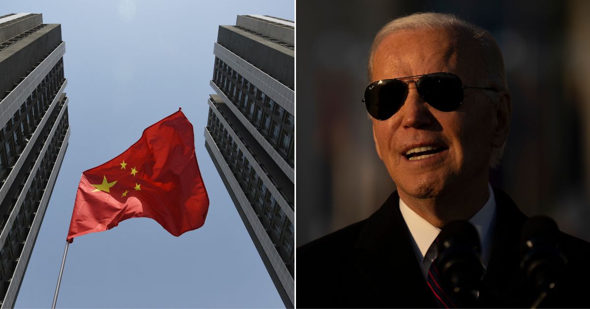 At left, a Chinese flag flies outside a residential compound in Beijing on April 30, 2017. At right, President Joe Biden speaks on the South Lawn of the White House in Washington on Tuesday.