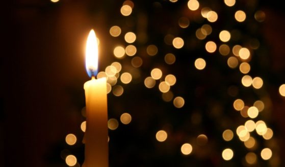 A candle is seen in front of a Christmas tree in this stock image.