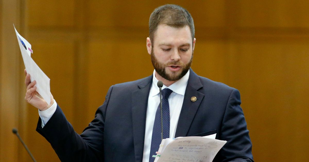 Dallas Heard, then an Oregon state representative, speaks in opposition to a bill in the House Chamber at the Capitol Building in Salem on Feb. 18, 2016.