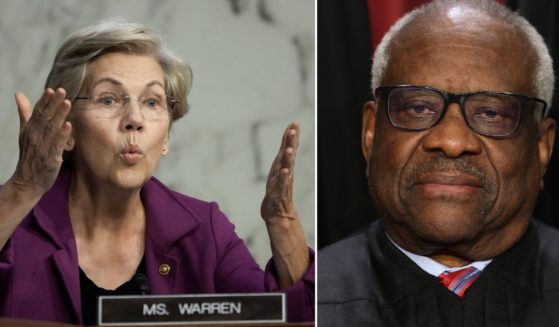 Sen. Elizabeth Warren, left, speaks during a committee hearing on Capitol Hill on Sept. 22 in Washington, D.C. Supreme Court Justice Clarence Thomas poses for an official portrait at the Supreme Court on Oct. 7 in Washington, D.C.
