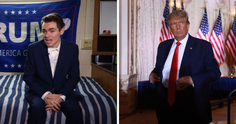 Nick Fuentes (Left), answers question during an interview with Agence France-Presse in Boston. Trump (Right) leaves the stage after speaking during an event at his Mar-a-Lago home on November 15, 2022 in Palm Beach, Florida.