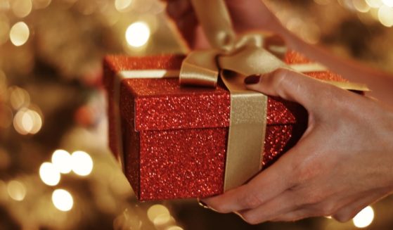 A woman's hands hold onto a Christmas gift.