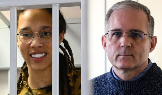 At left, WNBA star Brittney Griner smiles during a hearing at the Khimki Court outside of Moscow on July 15. At right, retired Marine Paul Whelan stands inside the defendant's cage during a court hearing in Moscow on Aug. 23, 2019.