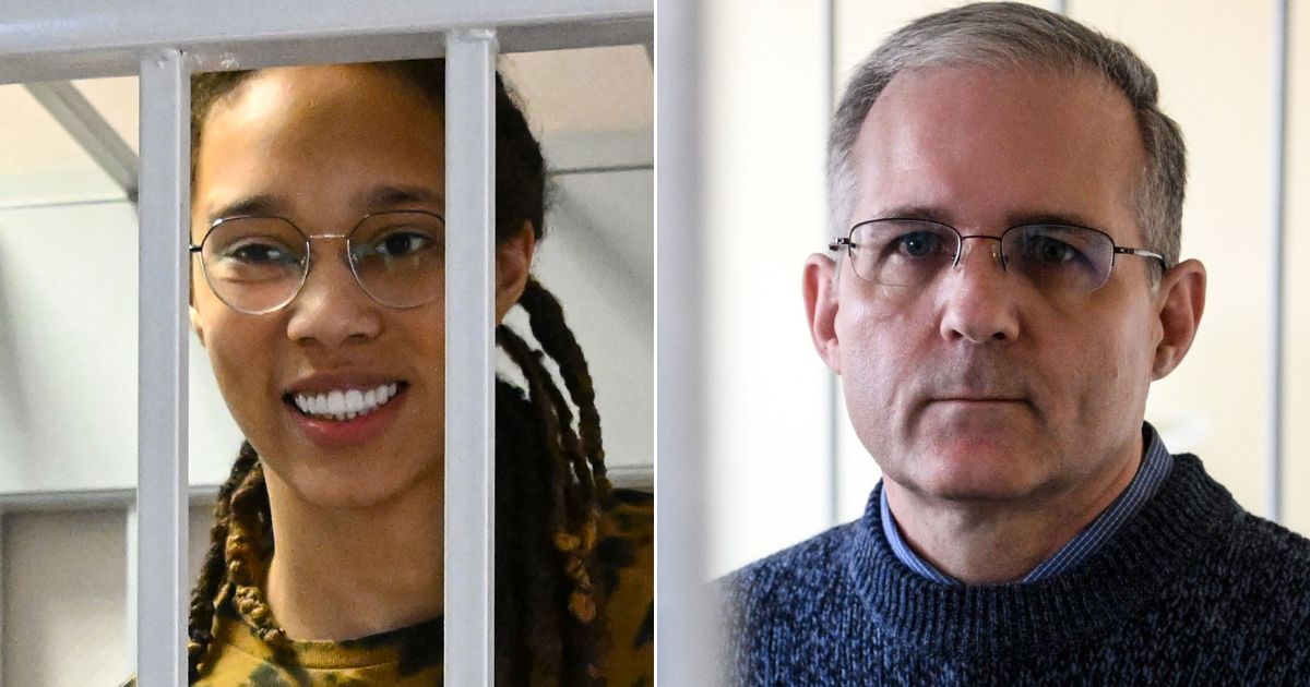 At left, WNBA star Brittney Griner smiles during a hearing at the Khimki Court outside of Moscow on July 15. At right, retired Marine Paul Whelan stands inside the defendant's cage during a court hearing in Moscow on Aug. 23, 2019.