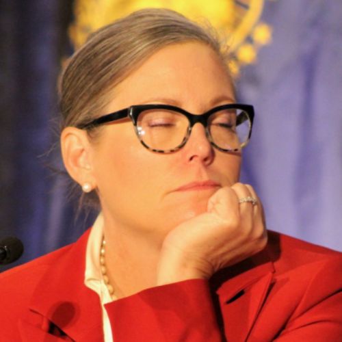 Arizona Gov.-elect Katie Hobbs has her eyes closed during a meeting of the Western Governors’ Association at the Arizona Biltmore in Phoenix on Dec. 7.