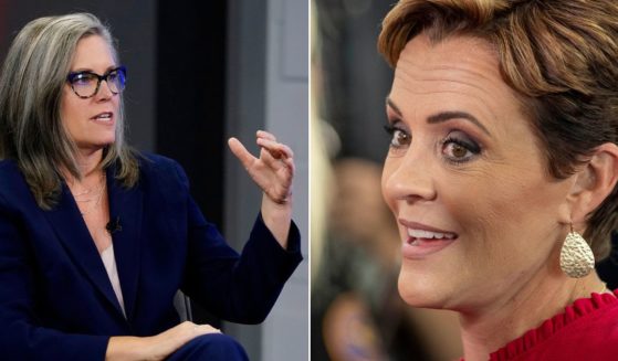 At left, Democratic gubernatorial candidate Katie Hobbs speaks on the set of "Arizona Horizon" in Phoenix on Oct. 18. At right, Republican candidate Kari Lake attends a rally at Dream City Church in Phoenix on Nov. 7.