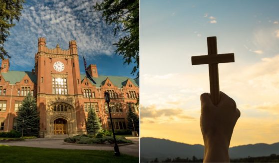 The University of Idaho Administration Building in Moscow, Idaho, is seen at left. At right, a person holds a cross at sunset.