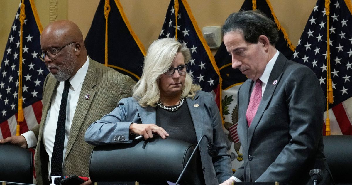 Rep. Bennie Thompson, left, Rep. Liz Cheney, center, and Rep. Jamie Raskin leave following a committee meeting on Capitol Hill on March 28 in Washington, D.C.