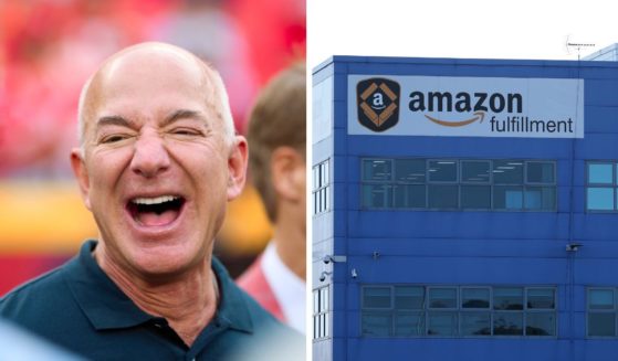 Jeff Bezos (Left) looks on from the sidlines before kickoff between the Kansas City Chiefs and Los Angeles Chargers at GEHA Field at Arrowhead Stadium on September 15, 2022 in Kansas City, Missouri. A general view outside Rugeley Amazon Fulfilment Centre (Right) on November 23, 2022 in Rugeley, England.