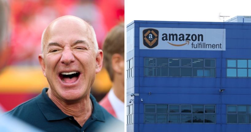 Jeff Bezos (Left) looks on from the sidlines before kickoff between the Kansas City Chiefs and Los Angeles Chargers at GEHA Field at Arrowhead Stadium on September 15, 2022 in Kansas City, Missouri. A general view outside Rugeley Amazon Fulfilment Centre (Right) on November 23, 2022 in Rugeley, England.