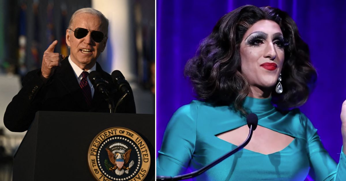 President Joe Biden, left, speaks on the South Lawn of the White House in Washington, D.C., on Tuesday. Drag queen Marti Gould Cummings is seen on the right.